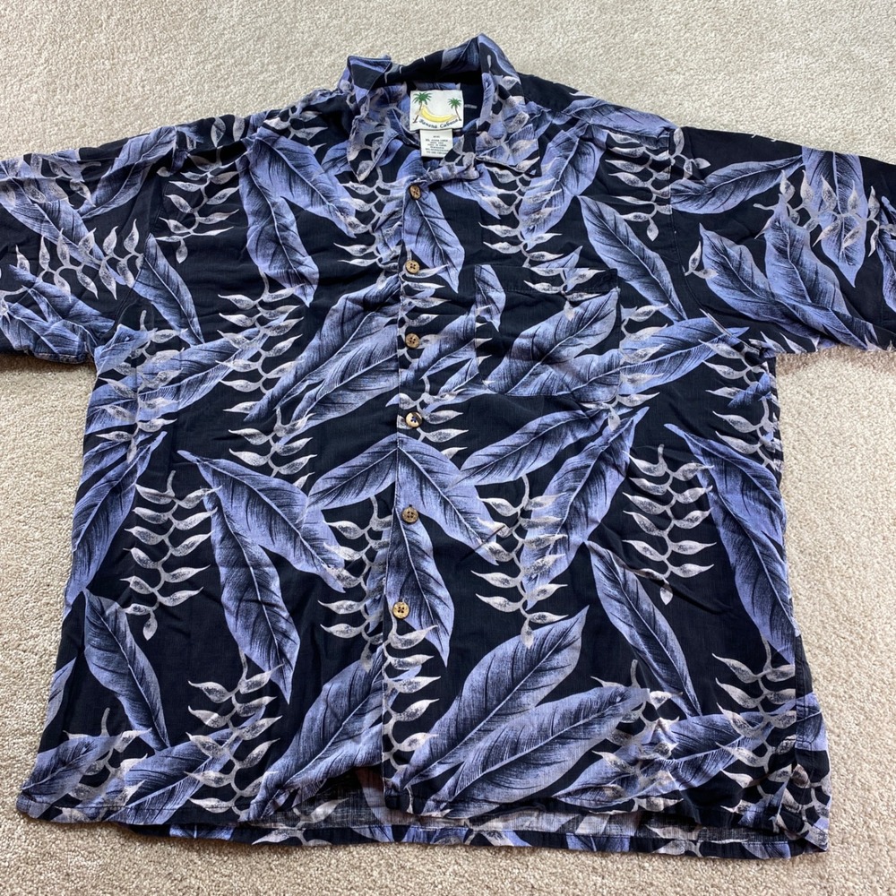 Banana Cabana Silk Hawaiian Shirt Mens XL Blue‎ Black Tropical Leaf Print Camp - Picture 7 of 10